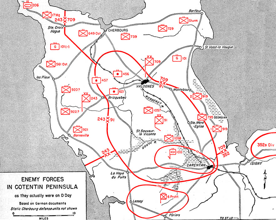 Map of German positions on Cotentin Peninsula, D-Day, 6 June 1944